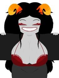 1female 1girls 2d 2d_(artwork) 2d_artwork accurate_art_style aradia_megido areolae barely_contained_breasts big_breasts big_breasts black_hair breasts breasts clothed clothed_female clothes clothing delustdemon female female female_focus female_only grey_skin hair homestuck horns long_hair nipple_bulge presenting_breasts showing_off smiling solo solo_female solo_focus troll_female