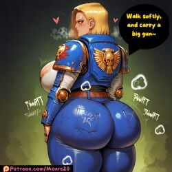 1female 1girls adeptus_astartes ai_assisted ai_generated android_18 ass big_ass big_breasts big_butt blonde_hair breasts collaboration crossover dialogue dragon_ball dragon_ball_super dragon_ball_z english_text female female_space_marine huge_ass huge_breasts imperium_of_man in_heat light-skinned_female light_skin looking_at_viewer monre20 pale-skinned_female pale_skin patreon patreon_username rule_63 space_marine speech_bubble text thick_thighs twitter twitter_username ultramarines warhammer_(franchise) warhammer_40k white_skin