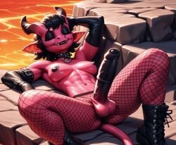 abs ai_generated anus boots cavern collar collar_ring demon demon_girl fishnets foreskin futanari hell horns imp latex lava leather shortstack tail