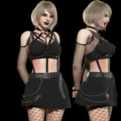 1girls 3d ashley_graham ashley_graham_(ella_freya) bare_legs bare_shoulders big_breasts blonde_hair bob_cut choker female fishnets front_view game_mod goth goth_girl gothic human ingame_model light-skinned_female light_skin lipstick medium_hair resident_evil resident_evil_4 resident_evil_4_remake short_hair side_view skirt solo straight_hair top topwear