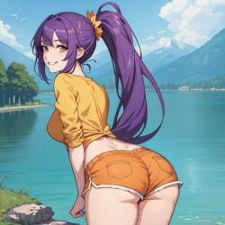 1girls ai_generated anime_style back back_view backside bent_over brazilian clothed clothed_female clothing female female female_only iara_(tdm) lake looking_at_viewer looking_back looking_back_at_viewer mountain nature_background orange_shorts ponytail purple_hair shorts smile smiling smiling_at_viewer solo tied_shirt tree turma_da_monica turma_da_monica_jovem yellow_shirt