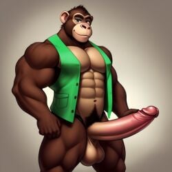 1boy ai_generated animatronic anthro balls bara big_penis brown_fur chester_(fnac) chimpanzee five_nights_at_candy's fnaf frosting.ai furry gay green_vest male_only mammal muscular muscular_male sugar1989