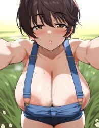 ai_generated bakaai big_breasts breasts brow brown_hair cleavage collarbone denim_clothing female huge_breasts idolmaster idolmaster_cinderella_girls large_breasts light-skinned_female light_skin major_chichisky oikawa_shizuku overalls solo