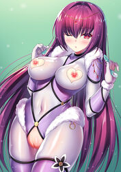 adapted_costume bodysuit breasts condom covered_navel eyebrows_visible_through_hair fate/grand_order fate_(series) female fringe heart_cutout jewelry large_breasts long_hair nipple_cutout nipples one_eye_closed pink_bodysuit purple_hair pussy pussy_cutout pussy_juice red_eyes scathach_(fate) scathach_skadi used_condom zha_yu_bu_dong_hua