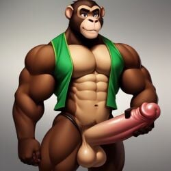 1boy ai_generated animatronic anthro balls big_penis brown_fur chester_(fnac) chimpanzee five_nights_at_candy&#039;s fnaf frosting.ai furry gay green_vest male_only mammal mexican muscular muscular_male sugar1989