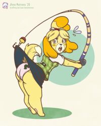 1girls 2020 accidental_exposure animal_crossing anna_matronic anthro ass breasts clothes_stuck_on_object curvy female female_only fishing_line huge_ass isabelle_(animal_crossing) medium_breasts nintendo panties print_panties skirt skirt_lift solo wardrobe_malfunction