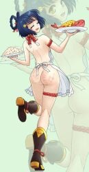 1girls apron apron_only blue_hair boots fat_ass food genshin_impact handprint holding_plate hoyoverse looking_at_viewer looking_back naked_apron nude plate rear_view skechplezures xiangling_(genshin_impact)