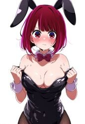 ai_assisted areola_slip arima_kana bare_arms bare_shoulders belly_button_visible_through_clothing big_breasts black_leotard blush breasts bunny_ears bunnysuit cleavage closed_mouth detached_collar fishnet_pantyhose fishnets jei_games leotard oshi_no_ko pantyhose red_eyes red_hair removing_clothing shiny_skin short_hair sweat sweaty_body wrist_cuffs