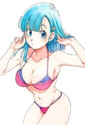 ai_assisted arm_behind_head armpits ass_visible_through_thighs bare_arms bare_belly bare_legs bare_shoulders bare_thighs belly_button big_breasts bikini blue_eyes blue_hair blush breasts bulma_briefs cleavage collarbone dragon_ball hair_ornament jei_games open_mouth pink_bikini short_hair side_ponytail sideboob thighs