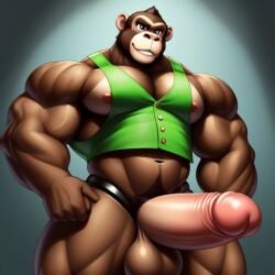 1boy ai_generated animatronic anthro balls big_penis brown_fur chester_(fnac) chimpanzee five_nights_at_candy's fnaf frosting.ai furry gay green_vest male_only mammal mexican mexican_male muscular muscular_male sugar1989