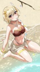 absurdres alternate_costume bare_shoulders beach bikini blonde_hair bracelet breasts brown_bikini citrinne_(fire_emblem) cleavage collarbone criss-cross_halter feather_hair_ornament feathers female fire_emblem fire_emblem_engage gold_bracelet gold_thighlet gold_trim hair_ornament halterneck highres jewelry large_breasts looking_at_viewer mu_tu_bu ocean red_eyes royalty sarong solo swimsuit teenage_girl teenager water wing_hair_ornament