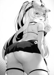 013_(hamsasuke) :3 ass azur_lane bache_(azur_lane) bache_(showy_sports_star)_(azur_lane) back bangs bare_shoulders blush breasts dress female goggles greyscale highres long_hair looking_at_viewer looking_back monochrome open_mouth small_breasts smile sportswear sunglasses tennis_dress tennis_uniform twintails v visor_cap wrist_cuffs