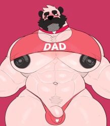 1boy 2024 abs anthro bara bara_tiddies bara_tits barazoku bear black_nipples blush body_hair bulge choker daddy dilf embarrassed facial_hair furry gay kemono male male_only milkblend muscular muscular_male nipples panda penis pink_body pink_fur pom_(milkblend) pubic_hair thong yaoi