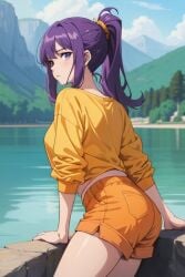 1girls ai_generated anime_style ass back back_view backside brazilian butt clothed clothing female iara_(tdm) lake looking_at_viewer looking_back looking_back_at_viewer mountain nature_background orange_shorts ponytail purple_eyes purple_hair shorts solo tree turma_da_monica turma_da_monica_jovem yellow_shirt