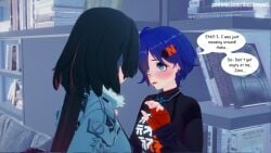 2girls 3d animal_humanoid belle_(zenless_zone_zero) black_hair blue_hair blush blushing blushing_at_another blushing_at_partner clothed clothed_female color colored coloured comic_page dialogue english_text female female_only imminent_yuri indoors jane_doe_(zenless_zone_zero) kemonomimi light-skinned_female light_skin looking_at_another polychrome rat_humanoid ripped_clothing shininglewd speech_bubble text thick_thighs yuri zenless_zone_zero