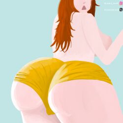 big_ass big_breasts big_thighs brown_hair gym_shorts jadedkat69 pale-skinned_female pale_skin presenting_hindquarters shorts surprised surprised_expression thick_legs voluptuous voluptuous_female yellow_shorts