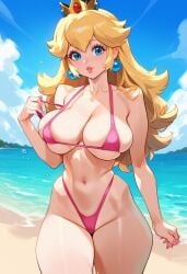 2d ai_generated beach big_breasts bikini blonde_hair crown female female_focus female_only hellblueboy4 long_hair mario_(series) micro_bikini pink_bikini princess_peach solo solo_female solo_focus super_mario_bros. tagme