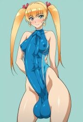 1futa aged_up ai_generated asakura_mao autopaizuri_under_clothes bulge_through_clothing futa_only futabu futanari jossyless_(ai) large_ass long_penis smile smiling_at_viewer solo swimsuit