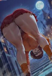 1female 1girls ass bending_over big_ass big_breasts brown_eyes brown_hair calves curvy dat_ass female female_only from_behind from_below full_moon glasses kneepits large_breasts light_skinned_female lipstick nipples_visible_through_clothing orange_socks orange_sweater perfect_legs red_skirt scooby-doo sexy_pose shexyo shiny_skin short_hair short_skirt solo steaming_body sweat thick_thighs thighs thighs_together underboob velma_dinkley voluptuous wide_hips