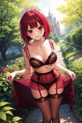 ai_generated arima_kana ass blush breasts female lifted_by_self lingerie maid maid_uniform oshi_no_ko panties red_eyes red_hair red_thighhighs short_hair solo standing thick_thighs thighs underwear