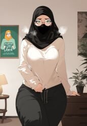 ai_generated big_breasts blush circular_glasses civitai couch female female_focus female_only glasses green_eyes hijab hijabi ihatethemic lamp large_breasts leaning_back leaning_on_table living_room looking_at_viewer looking_down muslim muslim_female pants pulling_clothing round_glasses shirt solo solo_female solo_focus sweater sweatpants tagme thick thick_ass thick_thighs visible_breath wide_hips