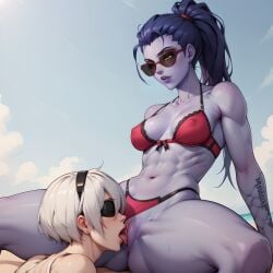 ai_generated beach blindfolded crossover cunnilingus eogard_orc nier:_automata overwatch pussy_licking sky sunglasses widowmaker yorha_2b yuri