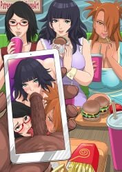 1boy 3girls boruto:_naruto_next_generations cellphone dark-skinned_male fellatio food french_fries glasses hamburger interracial juxtaposition naruto_(series) oral photo_comparison raikage raikage_art uchiha_sarada uzumaki_himawari