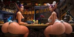 2girls 3d blizzard_entertainment bunny_ears bunnysuit halloween huge_ass huge_breasts light-skinned_female light_skin looking_at_viewer looking_back purple_hair shala'zar_(oc) sitting tektah thick_thighs void_elf voluptuous voluptuous_female warcraft wide_hips world_of_warcraft