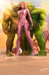 1girls 2boys 3d_(artwork) aeleana beach bellakvo blizzard_entertainment day double_handjob elf elf_female female green_skin handjob huge_cock interspecies male male/female night_elf nude orc orc_(warcraft) orc_male orced original_character ourdoors outside purple_hair purple_skin sling_bikini tattoo warcraft world_of_warcraft