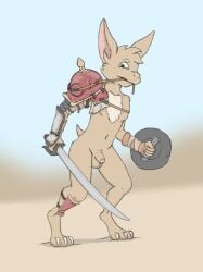 anthro armor armor_plates balls bat bat_ears biped bottomless bottomless_anthro bottomless_male casual_exposure chest_tuft clothed clothing digital_media_(artwork) fur genitals green_eyes headgear helmet hi_res holding_melee_weapon holding_object holding_sword holding_weapon humanoid_genitalia humanoid_penis looking_at_viewer male mammal melee_weapon mostly_nude mostly_nude_anthro mostly_nude_male penis shield short_tail simple_background solo stose sword tail tan_body tan_fur tuft turo_of_akesh weapon wingless_bat