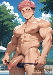 ai_generated bara bara_ass bara_tiddies bara_tits baraboys big_ass big_butt big_pecs big_thighs gay itadori_yuuji jujutsu_kaisen male male/male male_only thong yaoi