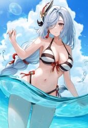 1girls 2024 2d 2d_(artwork) ai ai_generated alternate_costume artist_request belly_button big_breasts bikini bikini_bottom bikini_top black_bikini_bottom blue_nails bra braided_hair clouds day female female_focus female_only front_view genshin_impact hair_over_one_eye high_resolution highres hourglass_figure light-skinned_female light_skin long_hair looking_at_viewer mature mature_female navel ocean outdoors shenhe_(genshin_impact) silver_hair sky slim_girl solo solo_female solo_focus standing standing_in_water summer swimsuit thong thong_bikini two_piece_swimsuit water