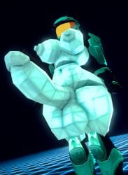 big_breasts big_nipples breasts damaged_clothes erect_nipples flustered futa_only futanari glowing_body green_armor green_body grid_floor halo_(series) hyper_balls hyper_penis looking_down low-poly redraven52 simple_background spartan_(halo)