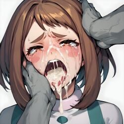 1girls after_fellatio after_oral ai_generated close-up close_up cum cum_in_mouth finger_in_mouth my_hero_academia ochako_uraraka solo thumb_in_mouth tongue tongue_out