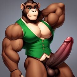 1boy ai_generated animatronic anthro balls big_penis brown_fur chester_(fnac) chimpanzee five_nights_at_candy's fnaf frosting.ai furry gay green_vest male_only mammal mexican mexican_male muscular muscular_male sugar1989