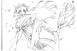 1girls ainu_clothes artist_name big_breasts blush breasts busty cleavage female female_only fingerless_gloves gloves hair_ribbon highres king_of_fighters large_breasts long_hair looking_at_viewer mermaid monochrome monster_girl mouth_hold nakoruru no_bra pose posing ribbon samurai_shodown sketch smile snk solo traditional_media underwater very_long_hair voluptuous water weapon