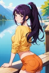 1girl 1girls ai_generated anime_style ass back back_view backside brazilian clothed clothing dark_purple_hair female female_only iara_(tdm) lake looking_at_viewer looking_back looking_back_at_viewer mountain nature_background orange_shorts ponytail purple_hair shorts solo solo_female turma_da_monica turma_da_monica_jovem yellow_shirt