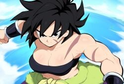 ai_generated alien alien_girl black_eyes black_hair broly broly_(dragon_ball_super) cleavage dragon_ball dragon_ball_super female female_broly from_above genderswap_(mtf) large_breasts mullon rule_63 saiyan serious