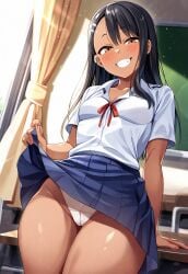 1girls ai_generated black_hair blush blush_lines breasts breasts brown_eyes cameltoe classroom clothed clothed_female clothing eyebrows eyelashes female female_only front_view grin hairclip hayase_nagatoro indoors legs legs_together looking_at_viewer novelai panties please_don't_bully_me,_nagatoro red_ribbon ribbon school school_uniform schoolgirl skirt skirt_lift small_breasts solo solo_female tan_body tan_skin teenage_girl teenager thighs underwear white_panties white_underwear