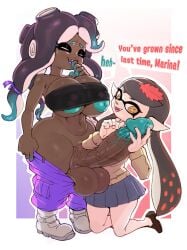 1futa 1girls callie_(splatoon) dark-skinned_female dop doplino duo female futa_on_female inkling marina_(splatoon) nintendo nipple_slip nipples octoling splatoon splatoon_(series) splatoon_2 tagme tentacle_hair text