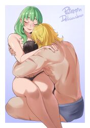 1boy 1girls blonde_hair byleth_(fire_emblem) byleth_(fire_emblem)_(female) closed_eyes cuddling deliciousbrain dimitri_alexandre_blaiddyd face_between_breasts fire_emblem fire_emblem:_three_houses green_hair large_breasts nintendo post-timeskip pubic_tattoo sitting_on_lap smile thick_thighs thighs underwear underwear_only wholesome