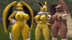 16:9 2024 3d anthro areola baek-myo big_breasts black_nose black_sclera breasts brown_areola brown_body brown_skin digital_media_(artwork) eeveelution eye_contact female fist_on_own_hip fur generation_1_pokemon generation_4_pokemon genitals gesture grass group hand_gesture hands_on_hips hi_res hybrid hybrid_pokemon jolteon long_ears looking_at_another looking_at_viewer lopunny nintendo nipples nude open_mouth pink_nose plant pointing pointing_at_another pokemon pokemon_(species) pokemorph pose pussy red_eyes source_filmmaker_(artwork) tree trio warfare_joltpunny warfare_lopunny warfare_machine white_body white_eyes white_fur widescreen yellow_areola yellow_body yellow_fur yellow_skin