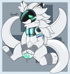 2024 3_tails ambiguous_gender animate_inanimate anthro armband artist_name bandage bandaged_foot bandaged_wrist bulge_fondling english_text feet green_lock_symbol hi_res jake_the_traveler lgbt_pride living_pool_toy lock_bulge lock_symbol long_tail machine motion_lines multi_tail nozzle nozzle_on_belly null_bulge onomatopoeia permagrin pool_toy pride_color_accessory pride_colors protogen screen screen_face seam_(sewing) signature simple_background solo sound_effects tail text white_arms white_body white_feet white_legs white_tail white_thighs