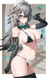 absurdres ahoge apron bare_shoulders bikini black_bikini black_survival black_thighhighs blue_eyes blurry blurry_background bow bowtie breasts cleavage closed_mouth cowboy_shot dasi_(kwts3227) detached_collar elbow_gloves eternal_return:_black_survival expressionless female frilled_bikini frills gloves gradient_hair grey_gloves grey_hair hair_between_eyes halterneck hand_up highres katja_(black_survival) large_breasts long_hair looking_at_viewer maid maid_bikini maid_headdress multicolored_hair navel skindentation solo star_(symbol) stomach string_bikini swimsuit thighhighs thighs unconventional_maid underboob v waist_apron