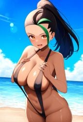 1girls ai_generated beach big_breasts bikini black_eyes black_hair breasts cleavage collarbone creatures_(company) dark-skinned_female dark_skin female game_freak green_hair keinovelnovelai nemona_(pokemon) nintendo npc_trainer ocean pokemon pokemon_sv sling_bikini solo two_tone_hair