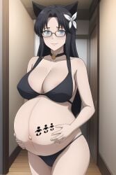 1girls ai_generated big_breasts black_hair blue_eyes breasts cat_ears catgirl female female_focus female_only glasses huge_breasts large_breasts long_hair mature_female pregnancy_tally pregnant pregnant_belly pregnant_female smile smiling smiling_at_viewer thighs