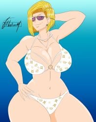 1girl android android_18 artist_name artist_signature belly_button big_boobs big_breasts bikini bikini_bottom bikini_top blonde blonde_female blonde_hair blonde_hair_female blue_background blue_eyes blue_eyes_female dragon_ball dragon_ball_super dragon_ball_z earring earrings female female_focus female_only grand_theft_auto grand_theft_auto_vi gta gta_6 gta_vi hakeem89 hand_behind_head hand_on_head hand_on_hip hand_on_waist hips huge_boobs huge_breasts pool_party_girl_(gta_vi) smile smiling sunglasses sunglasses_on_face swimsuit swimwear tinted_eyewear wide_hips