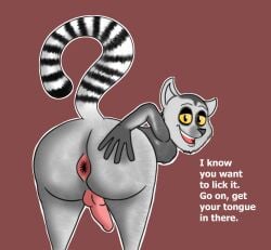 anatomically_inaccurate animal_cock anthro anus ass asshole_focus asshole_only bent_over charl33 dreamworks erection focusing_on_asshole fur gay grey_body grey_fur hand_on_butt hi_res king_julien lemur looking_at_viewer madagascar_(series) male mammal markings only_asshole penis_bent_down presenting_anus presenting_balls primate ring-tailed_lemur showing_only_asshole simple_background solo strepsirrhine striped_markings striped_tail stripes tail tail_markings tail_up talking_to_viewer uncummed_asshole ungaped_asshole waiting_to_be_gaped