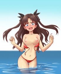 1girls accidental_exposure bikini bikini_top_removed blue_eyes blush breasts brown_hair embarrassed embarrassed_nude_female enf fate/stay_night fate_(series) open_mouth red_bikini skechplezures swimsuit tohsaka_rin topless twintails two-piece_swimsuit wardrobe_malfunction water