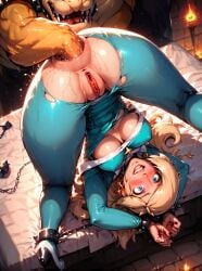 ai_generated anal anal_fisting anal_sex bodysuit bondage bowser fisting folded high_heels male mario_(series) pantyhose princess_rosalina spreader_bar thick_thighs torn_clothes torn_pantyhose tugging upside-down